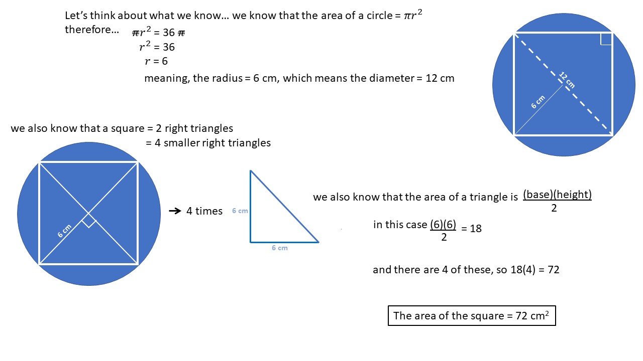 finding largest square in 36 Pi circle