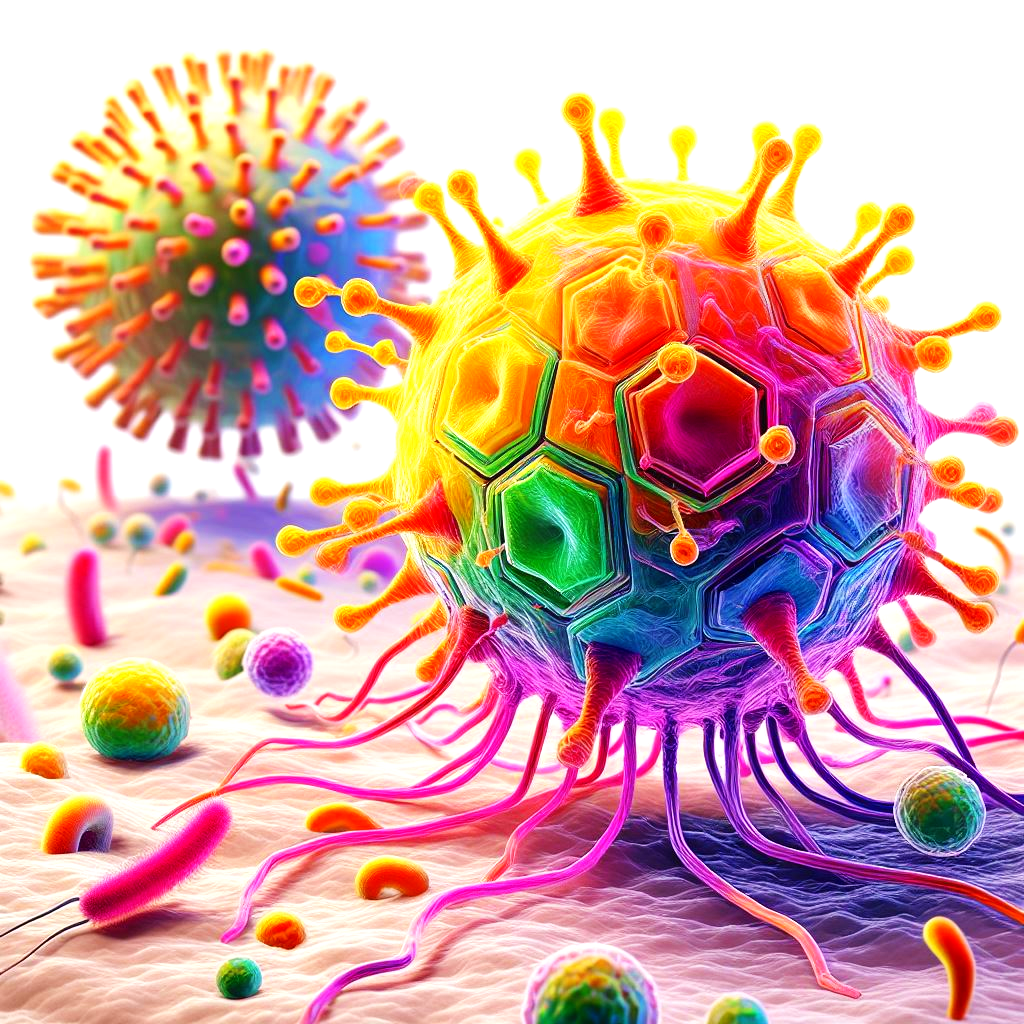 colorful T4 bacteriophage infecting a cell