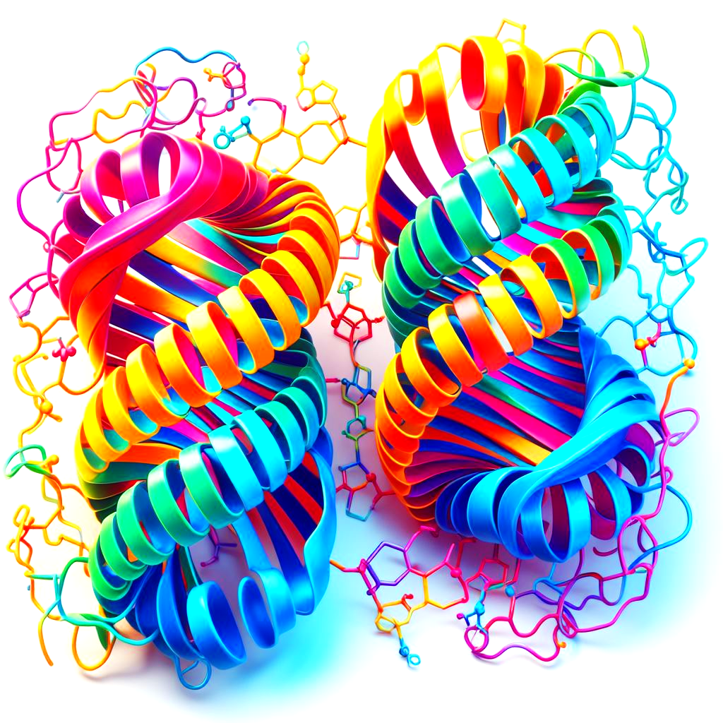 bright vibrant colored alpha helices and beta pleated sheaths both
        parallel and antiparallel