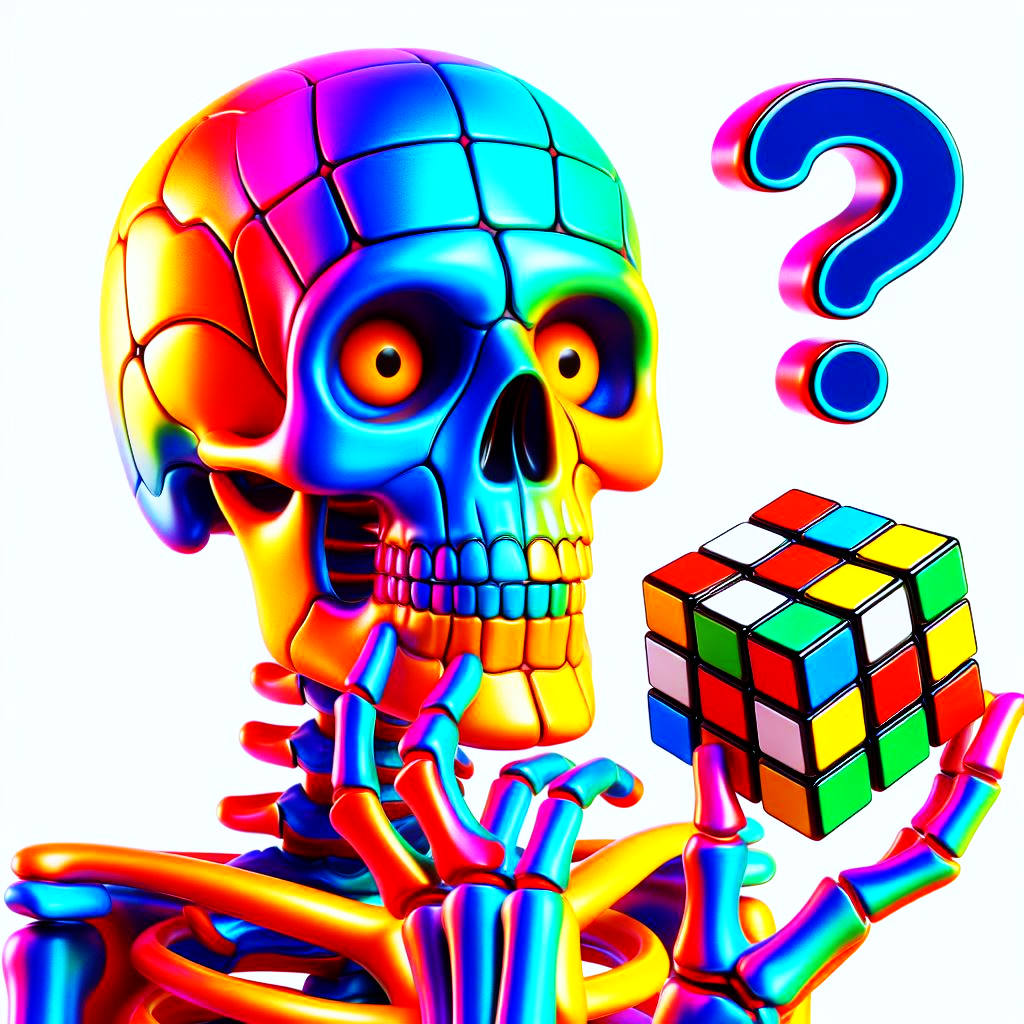 bright vibrant colored skeleton pondering over a 
                rubics cube