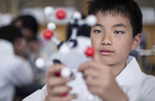 boy inspecting ball and stick chemistry model