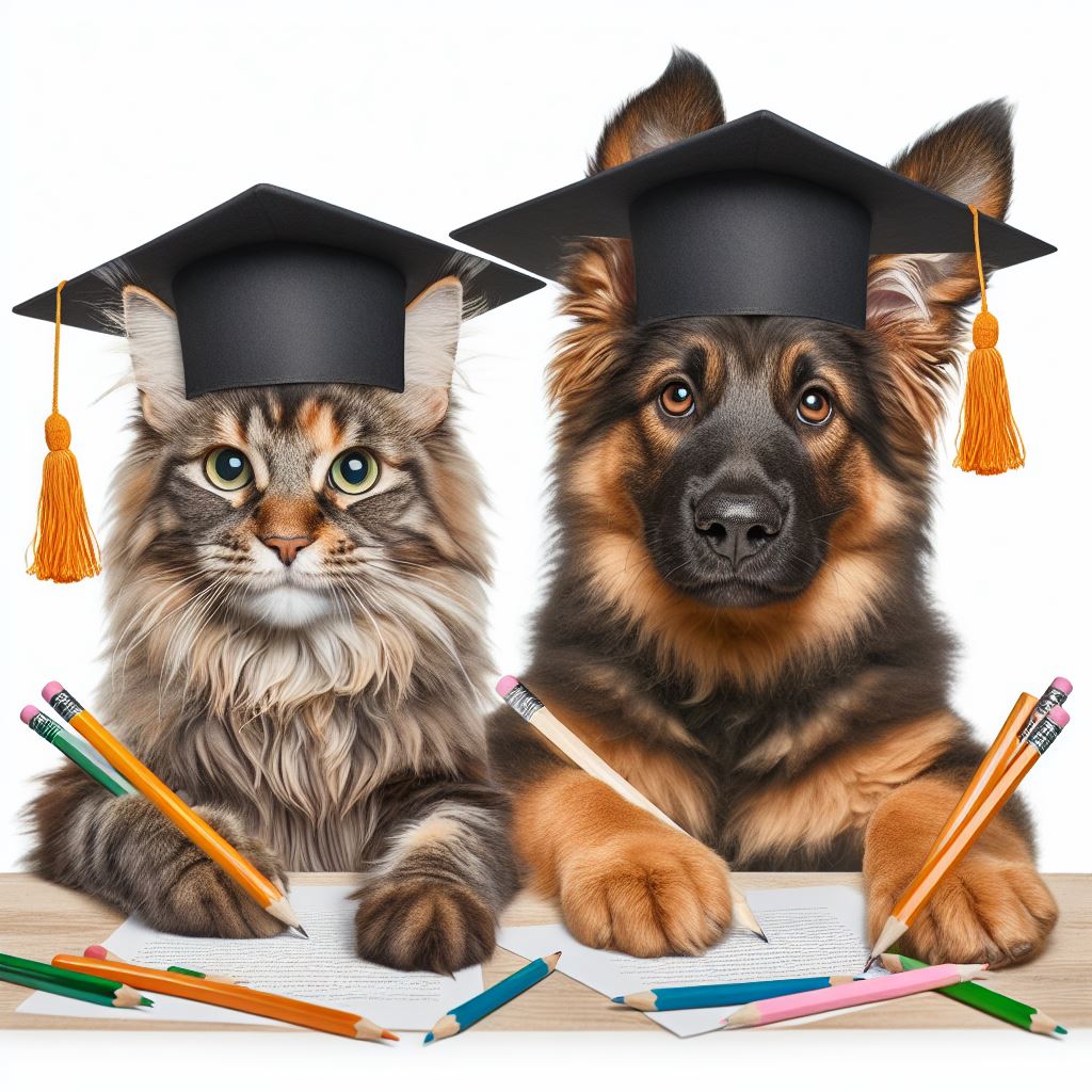 maine coon and german sheperd with graduation caps taking a test