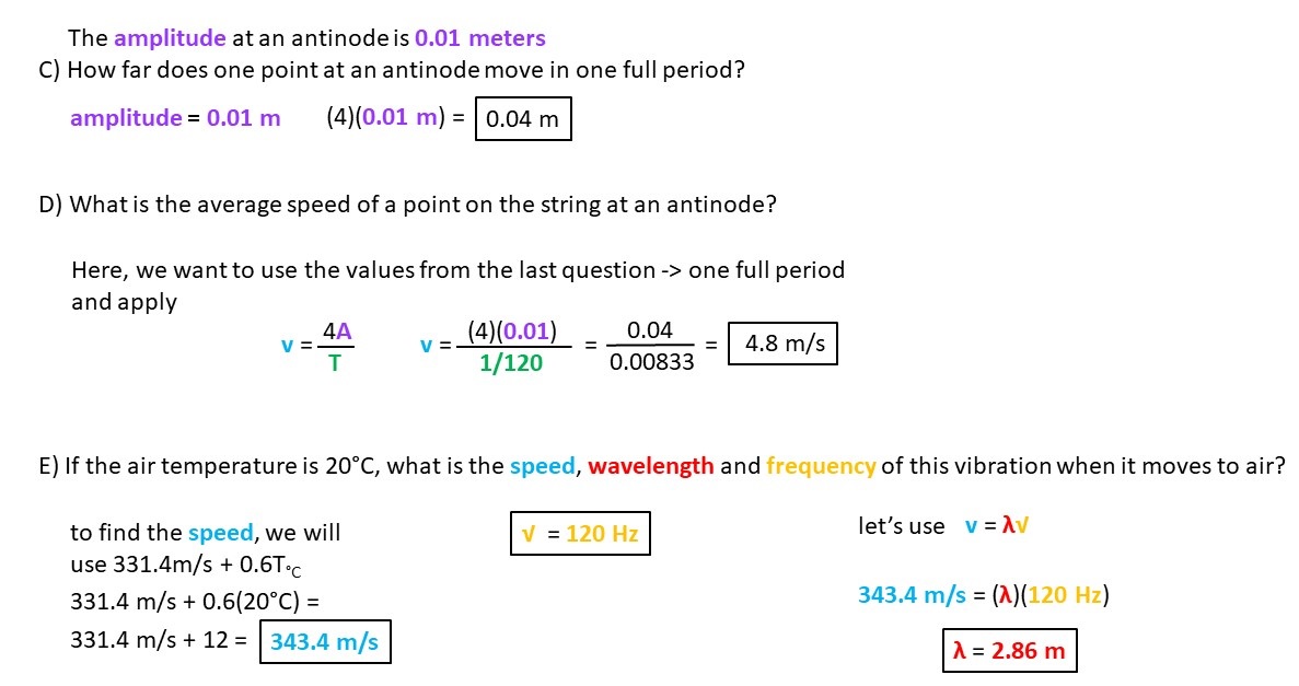 calculations to find amplitude and speed of standing wave at antinode